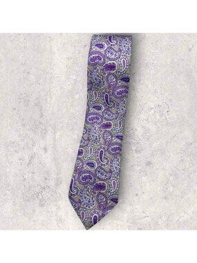 PAUL STUART Silk Tie USA Beige Purple Paisley W:2.8" EUC